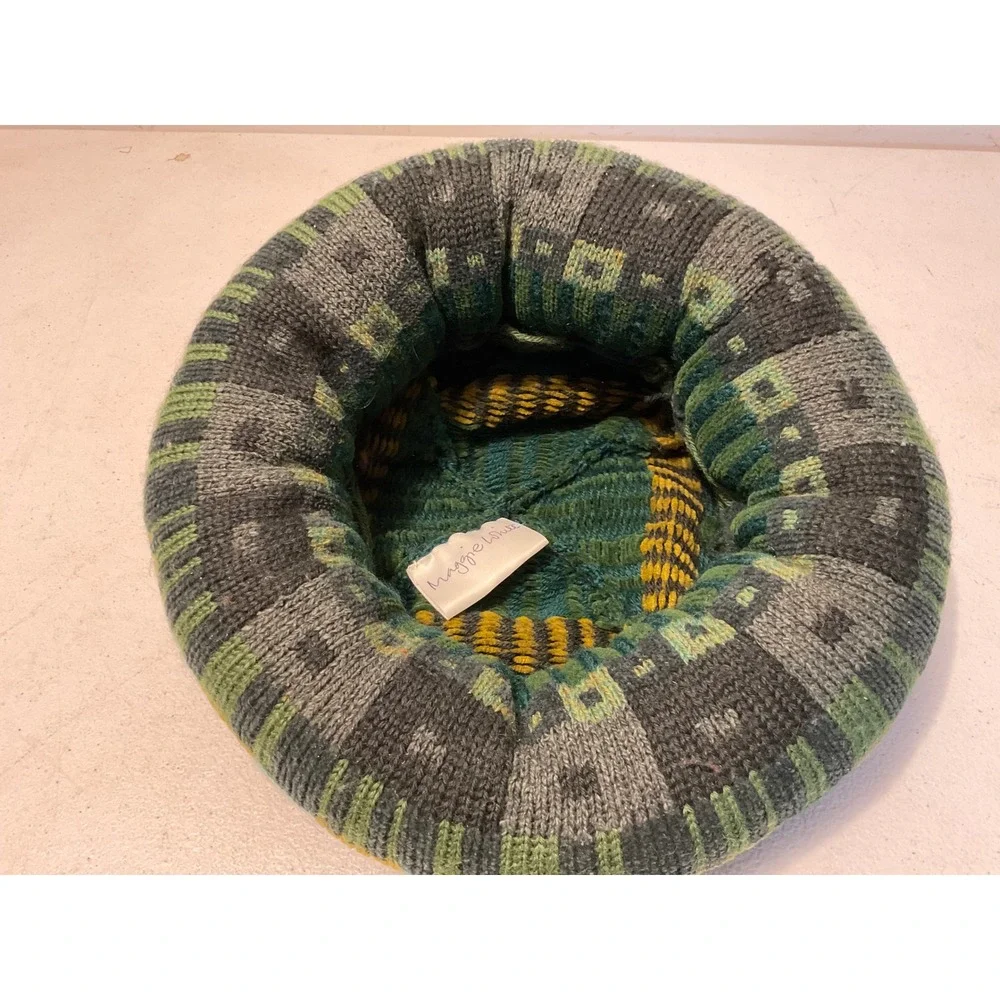 Maggie White Hand Knit Wool Hat Green Yellow Checkered Padded Roll Brim Artisan